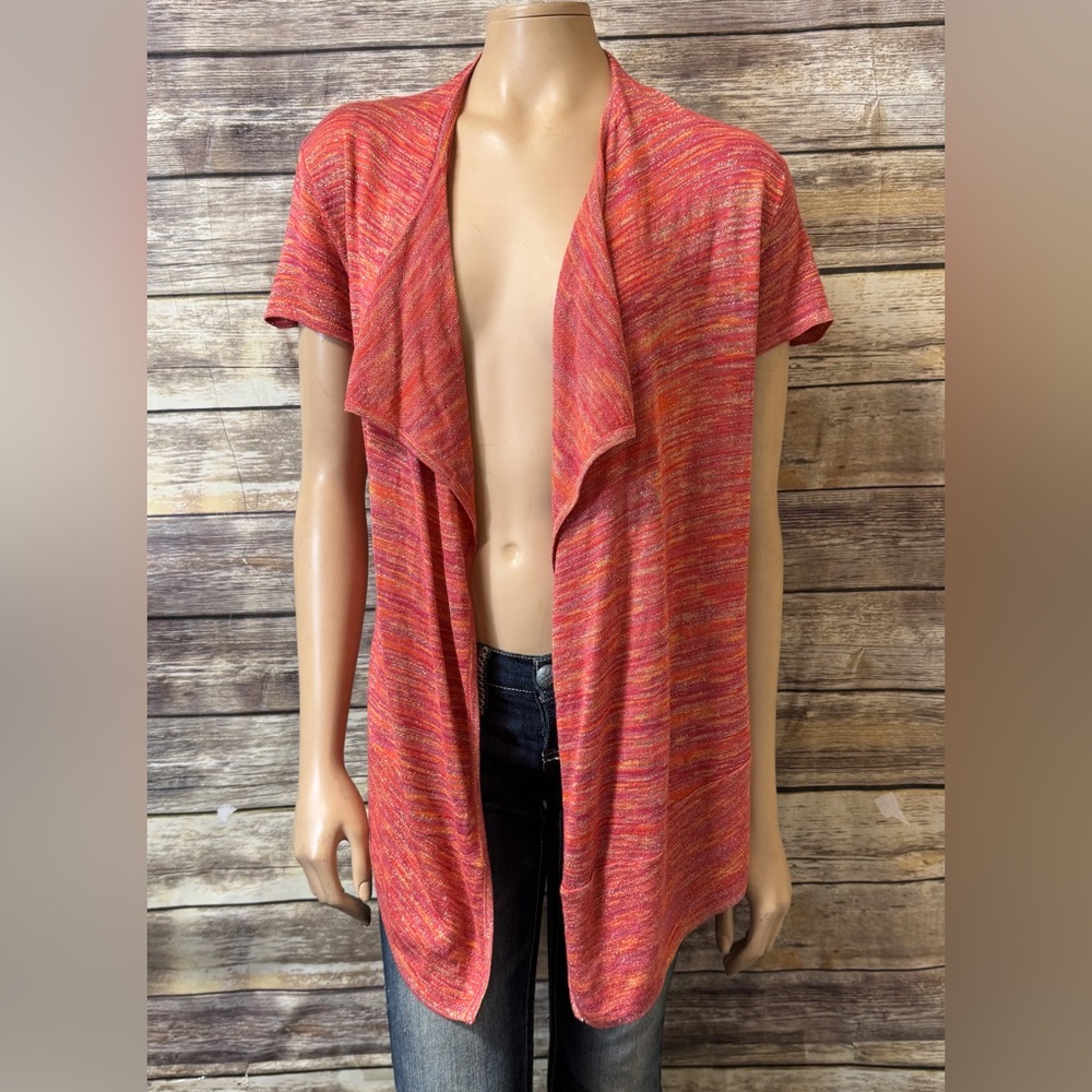 Cache Cardigan Short Sleeve M Medium‎ Orange Pink Gold Thread Sparkle Open Front
